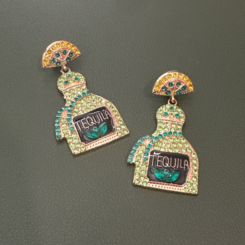 Tequila Bottle Crystal Drop Earrings - Green Accent